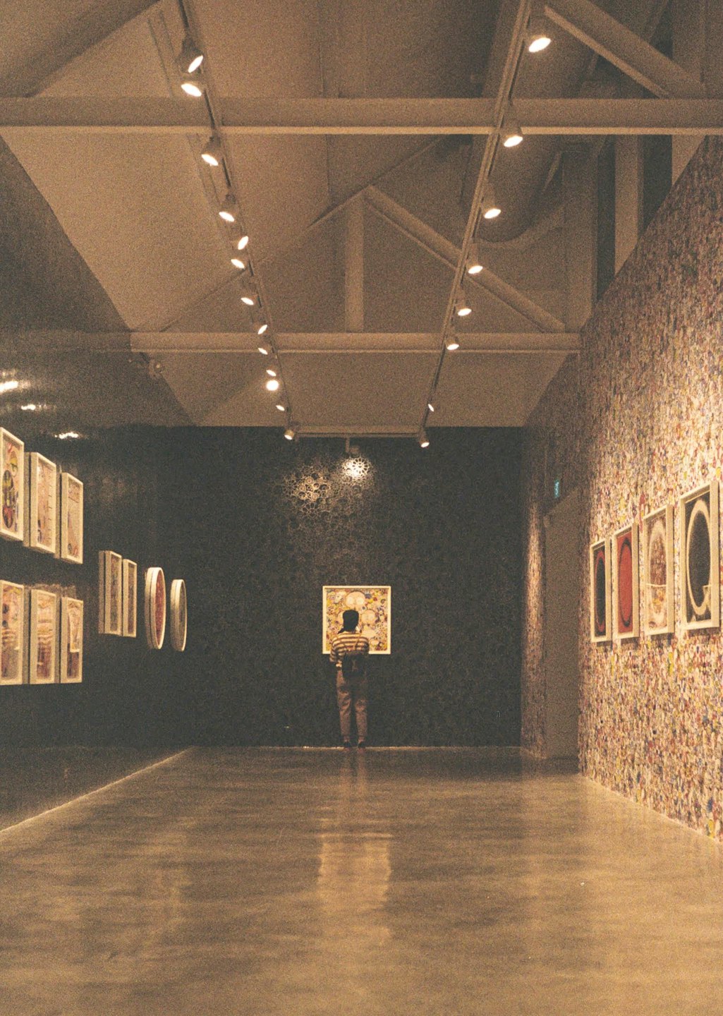 Persona en una galería mirando obras de arte enmarcadas.