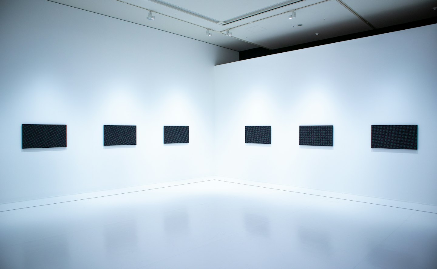 Seis cuadros abstractos oscuros expuestos en una pared minimalista de galería.