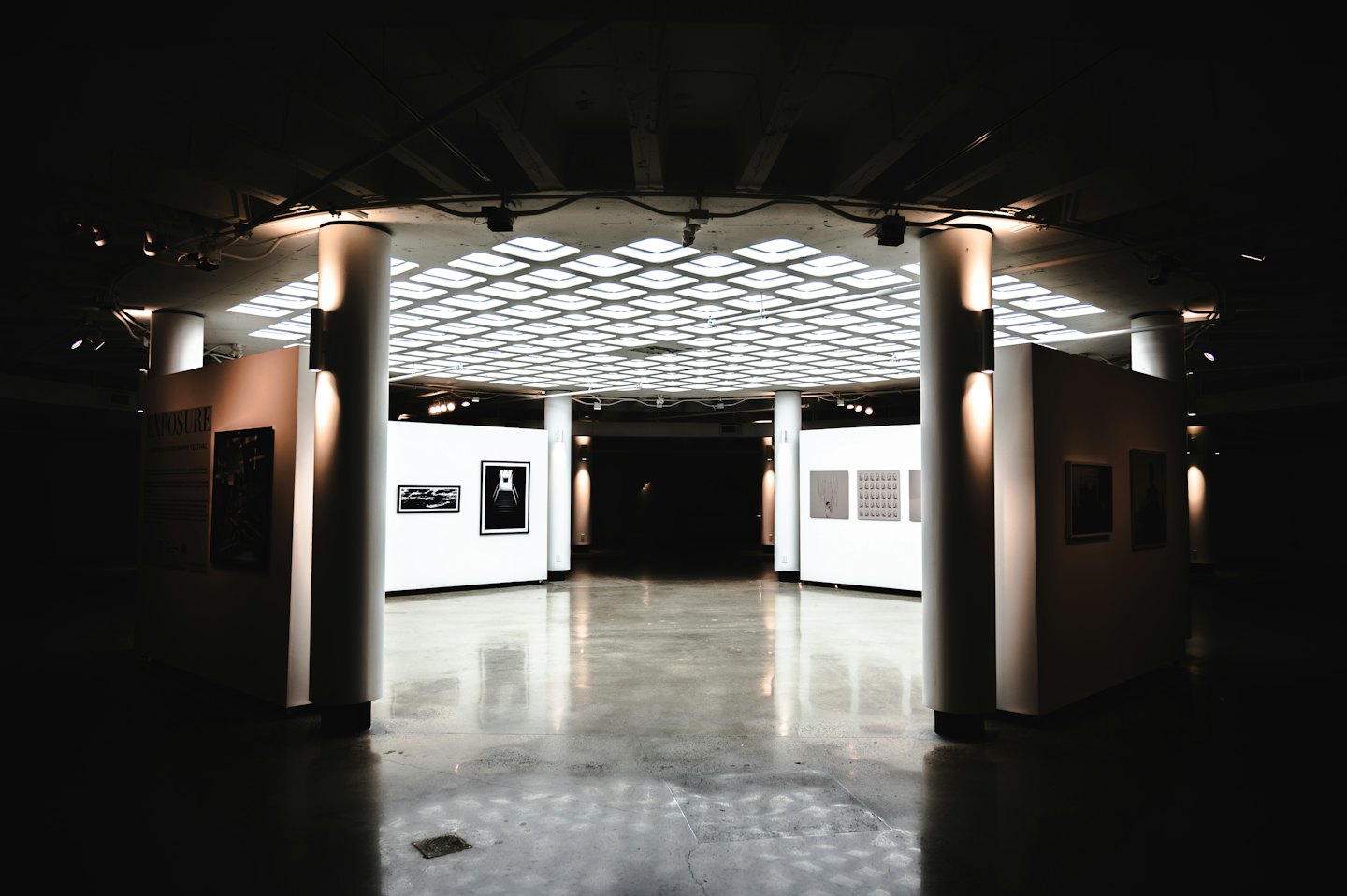 Galería de arte contemporáneo con paredes blancas y suelo de hormigón pulido.